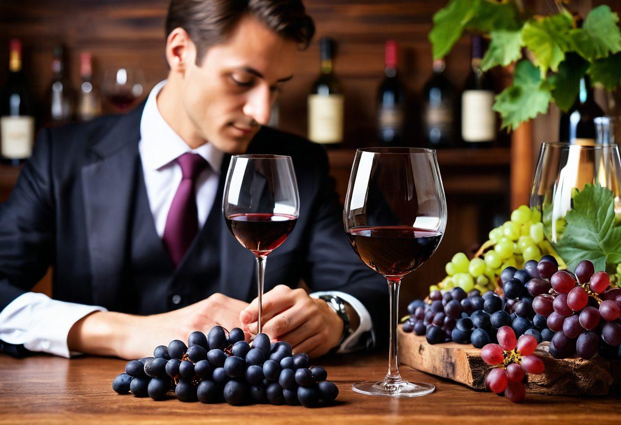 A beautifully arranged wine tasting scene featuring a sophisticated sommelier examining a glass of red wine, with vine leaves and grapes in the background. In the foreground, an elegant wooden table with various wine glasses and colorful labels from different regions. Soft, ambient lighting enhances the warmth of the scene, capturing the essence of wine appreciation. super-realistic. warm colors. soft focus.