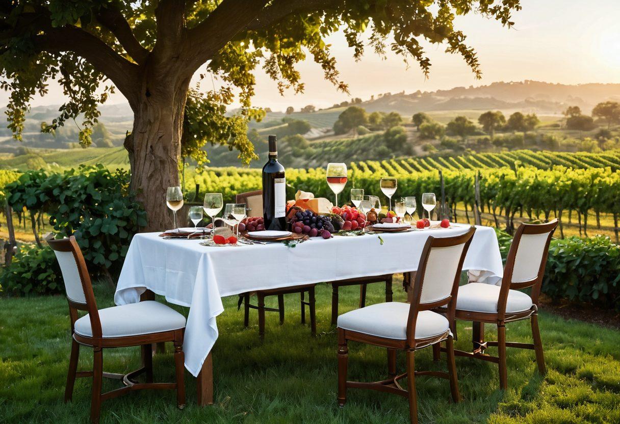 A beautifully set outdoor dining table amidst vintage vineyards, adorned with elegant wine glasses filled with rich red and sparkling white wines. Surround the table with lush grapevines and vibrant flowers, capturing a warm sunset in the background. Include delectable cheese and fruit pairings alongside the wine, evoking a sense of joy and celebration. The scene should radiate bliss and sophistication. super-realistic. vibrant colors. natural lighting.