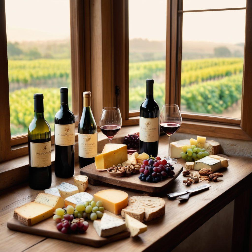 A rustic wooden table spread with an elegant array of vintage wine bottles, each showcasing unique labels. Nearby, a lavish cheese board adorned with assorted cheeses, fruits, and nuts complements the wines. Soft, golden light filters through an aged window, casting warm shadows and creating a cozy ambiance. Vintage wine glasses are half-filled, hinting at a delightful tasting experience. A subtle backdrop of vineyards can be seen through the window. super-realistic. warm tones. soft lighting.